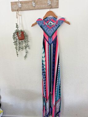Neon Tribal Print Strapless Maxi Dress Pink Blue Geometric Bodycon Festival Dres